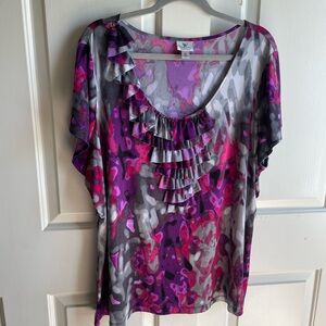 Worthington Pink, Purple, and Silver Ruffled Short Sleeve Blouse Size 3x